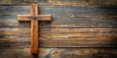 Wooden cross hanging on a weathered rustic background with space for text