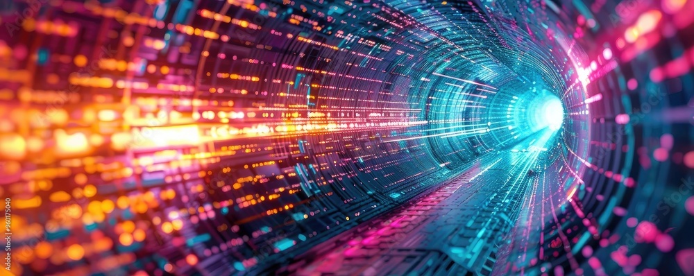 Poster vibrant digital tunnel with glowing lights, creating a dynamic visual experience of technology and i