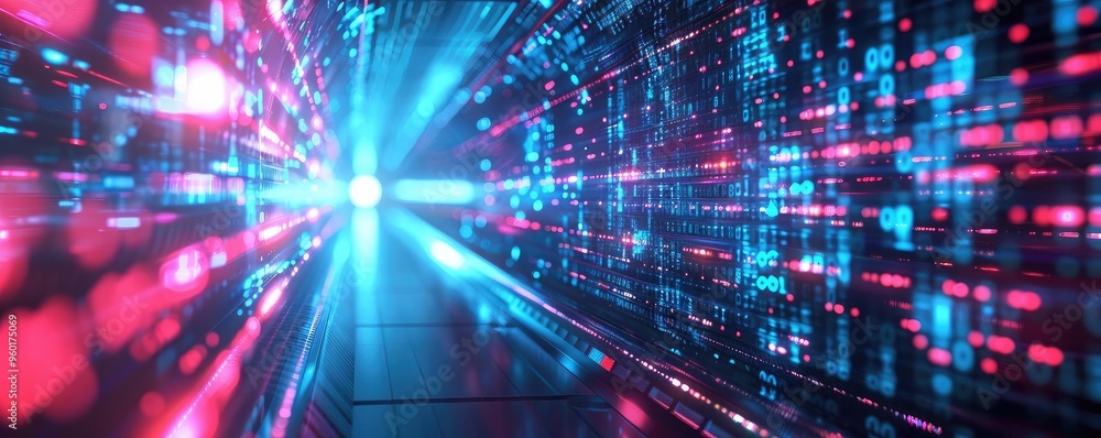 Poster a vibrant abstract tunnel of light, showcasing dynamic patterns in blue and pink tones, representing