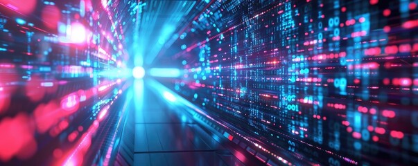 Fototapeta premium A vibrant abstract tunnel of light, showcasing dynamic patterns in blue and pink tones, representing digital movement and energy.