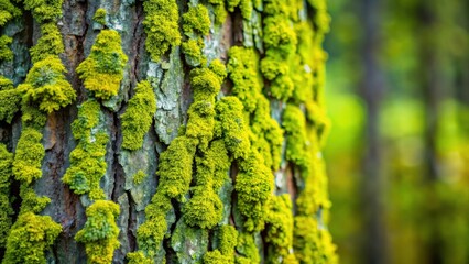Obraz premium Close-up of tree bark covered in vibrant green moss and lichen