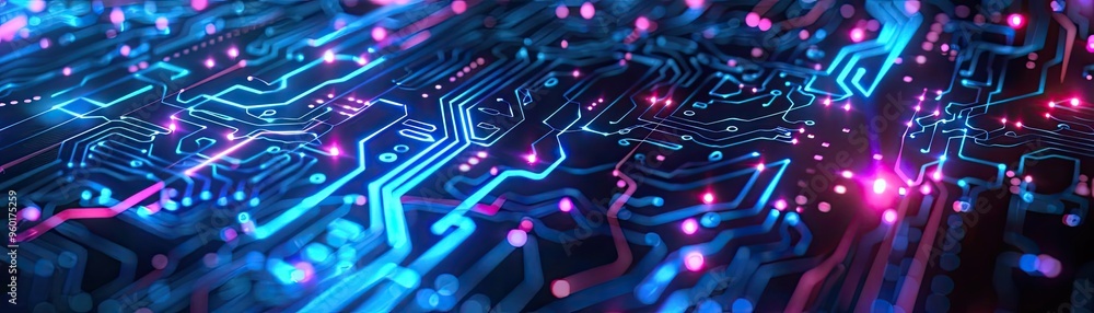 Poster close-up of a vibrant circuit board with glowing elements, showcasing advanced technology and intric
