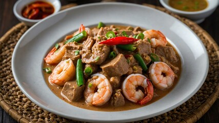Fototapeta premium Filipino main dish Bicol Express isolated on a plate, served exquisitely can be a concept for advertisement background