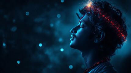 Krishna's form glowing softly against a dark sky, with distant stars forming a halo around his head.