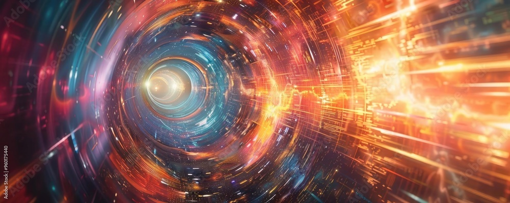 Poster a captivating cosmic tunnel filled with vibrant colors and dynamic light patterns, inviting viewers 