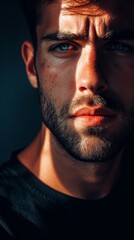 Obraz premium Intense close-up portrait of a young man with piercing blue eyes and a contemplative expression. The dramatic lighting highlights the texture of his skin and the depth of his gaze, creating a powerful