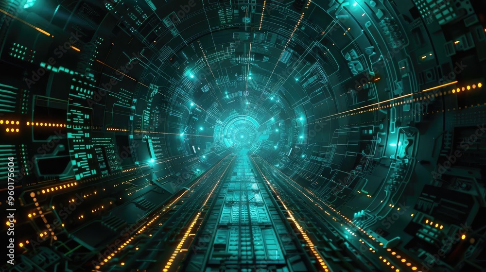 Poster an abstract digital tunnel with glowing lights, conveying a sense of depth and advanced technology i