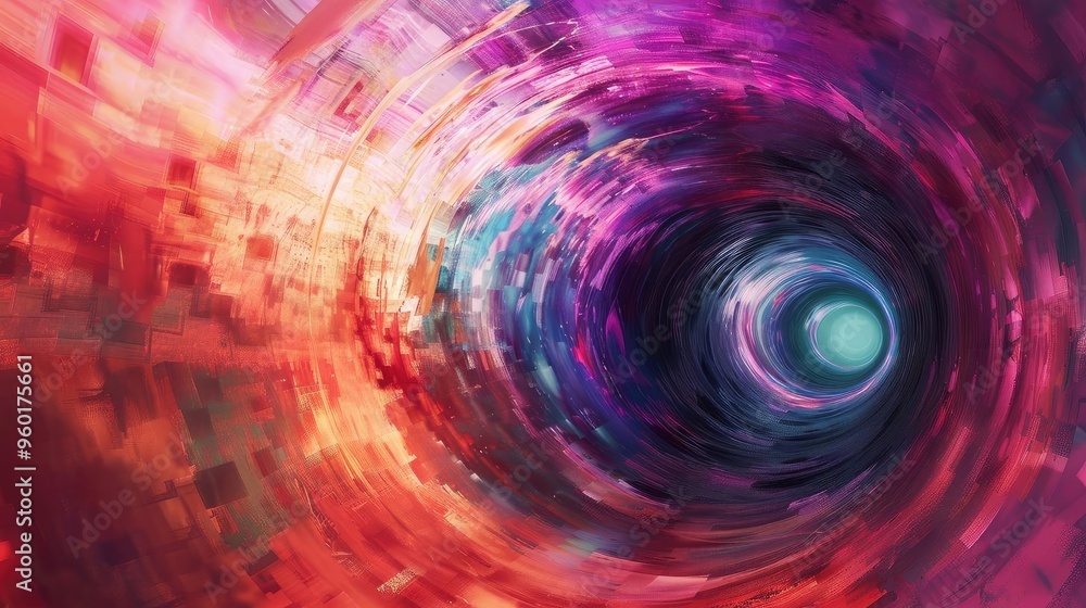 Poster a vibrant abstract swirl of colors creating a mesmerizing tunnel effect, evoking a sense of depth an