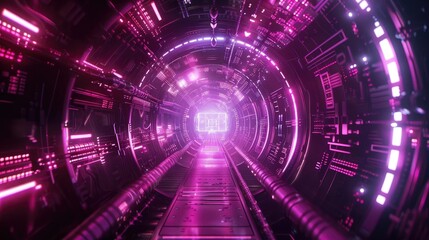 Obraz premium Futuristic tunnel with vibrant pink lights, leading to a glowing portal. Ideal for sci-fi or technology-themed projects.