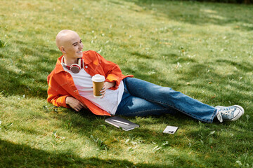A young bald woman leans back on the grass, smiling while sipping a warm beverage in sunlight.