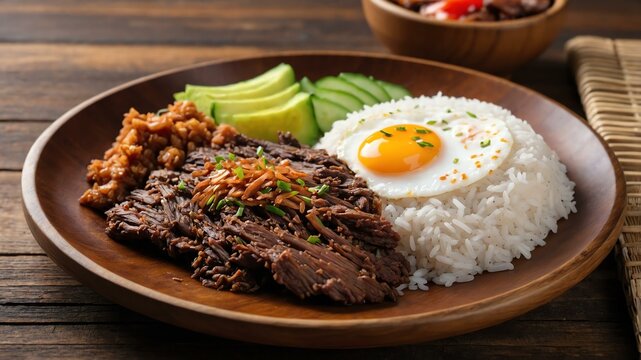 filipino rice dish tapsilog isolated on a wooden plate, concept for advertisement background