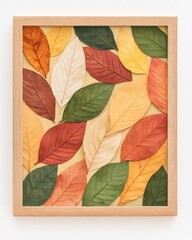 A vibrant collection of colorful leaves arranged beautifully in a wooden frame, representing the beauty of nature and change.