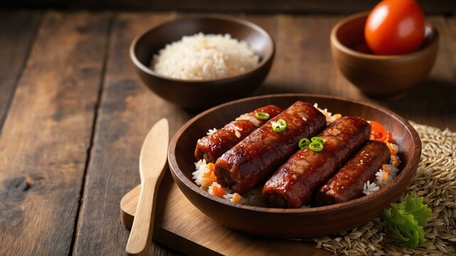 filipino rice dish longganisa isolated on a wooden plate, concept for advertisement background