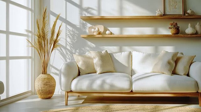 A transitional living room with a white sofa, mixed materials, and a blend of classic and modern elements, creating a timeless look.