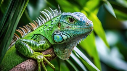 Fototapeta premium A close-up of a green iguana resting on a branch, with its scales and sharp claws visible, set against a lush jungle background.