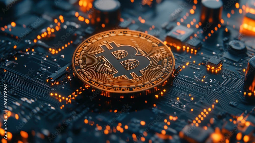 Poster gold bitcoin coin resting on a circuit board. the bitcoin coin is in focus, while the circuit board 