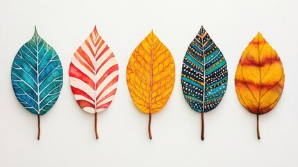 Fototapeta premium Colorful painted leaves arranged artistically, showcasing vibrant patterns and textures, perfect for nature and art themes.