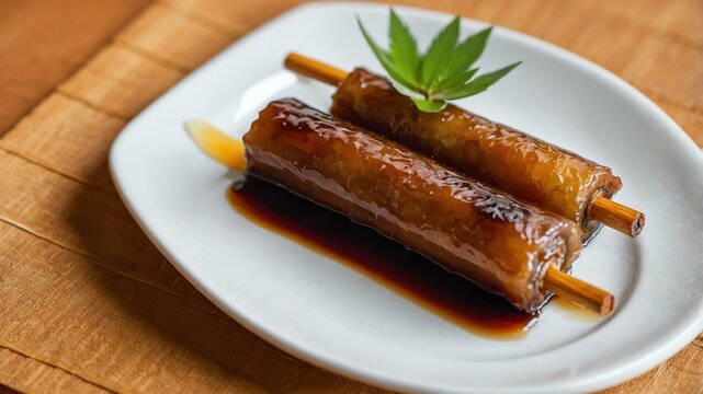 filipino dessert dish kamote cue isolated on an aesthetic plating, concept for advertisement background