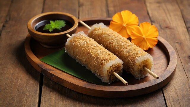 filipino dessert dish kamote cue isolated on an aesthetic plating, concept for advertisement background