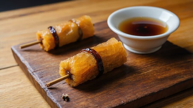 filipino dessert dish kamote cue isolated on an aesthetic plating, concept for advertisement background