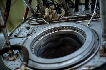 Broken airplane propeller of military transport aircraft