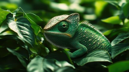 Obraz premium A close-up shot of a green chameleon blending into lush foliage, showcasing its camouflage skills among the leaves.