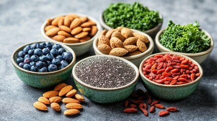 Fototapeta premium A colorful arrangement of superfoods, including chia seeds, goji berries, almonds, kale, and blueberries, displayed in small bowls.