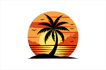 Coastal Coconut Tree Vector Silhouette with Sunset Over the Sea – Perfect for Beach-Themed Designs