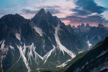 distant aerial view of the three peaks of lavaredo trentino alto adige italy