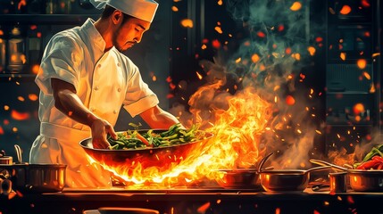 Chef Cooking with Fire in Wok