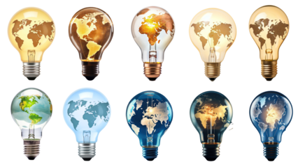 PNG light bulb with world map element set, transparent background
