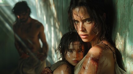 Obraz premium portrait of a woman with a child who suffered domestic violence