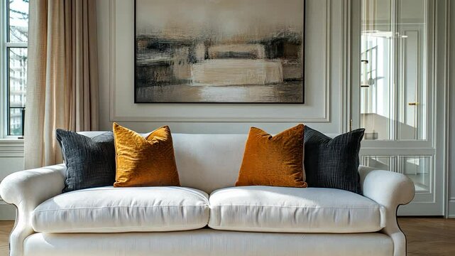 A transitional living room with a white sofa, mixed materials, and a blend of classic and modern elements, creating a timeless look.