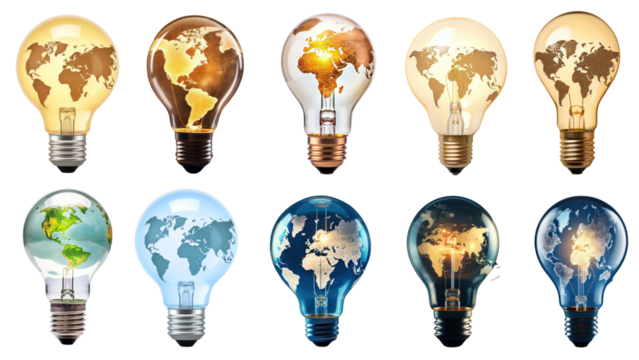 PNG light bulb with world map element set, transparent background