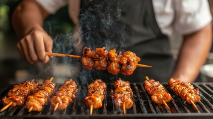 Naklejka premium Delicious Grilled Chicken Skewers with Smoke