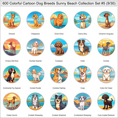 Fototapeta premium Colorful Dog Breeds Cartoon Characters Sunny Beach Bundle Collection Set 5 of 600 Dog Faces Isolated Part 9