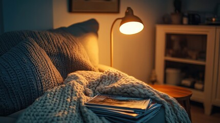 A cozy living room scene with a glowing floor lamp beside a couch, casting a warm light over a knitted blanket and a stack of magazines.