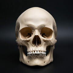 Obraz premium Front view of natural human skull on isolated black background