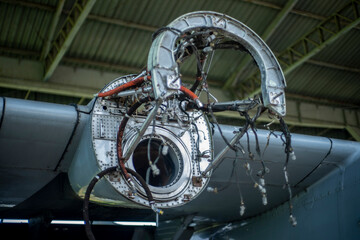 Broken airplane propeller of military transport aircraft