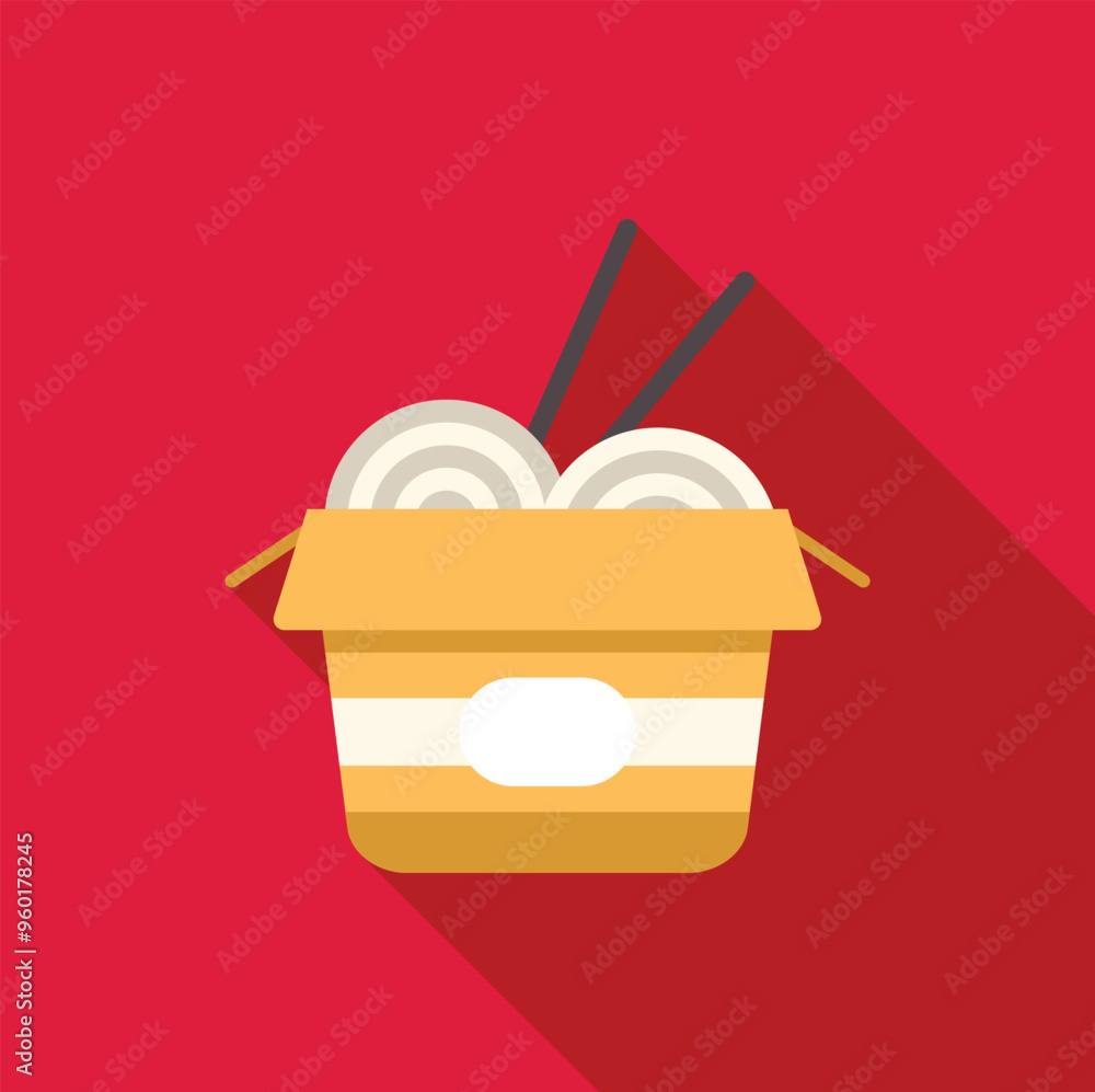 Poster wok box filled with noodles and chopsticks is casting a shadow on red background