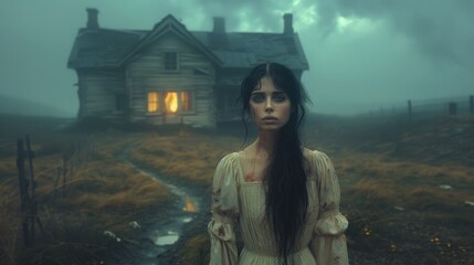 portrait of a woman who suffered violence against the background of an abandoned house