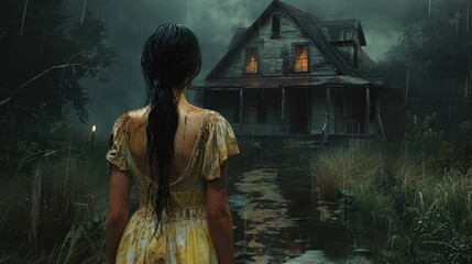 portrait of a woman who suffered violence against the background of an abandoned house