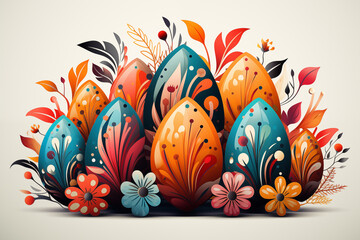 A vector illustration of colorful Easter eggs, decorated with patterns like stripes, dots, and floral designs. The eggs are placed on a minimalistic background, using vibrant and pastel colors.