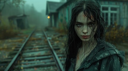 portrait of a woman who suffered violence against the background of an abandoned house
