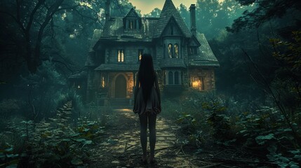 portrait of a woman who suffered violence against the background of an abandoned house
