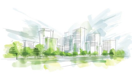 Fototapeta premium A simple sketch of urban green spaces and tall buildings, green watercolor on white background, vector illustration.