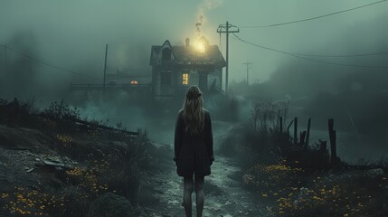 portrait of a woman who suffered violence against the background of an abandoned house