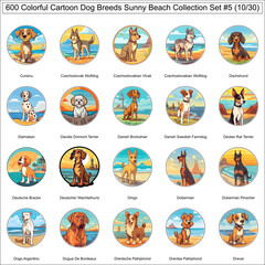 Fototapeta premium Colorful Dog Breeds Cartoon Characters Sunny Beach Bundle Collection Set 5 of 600 Dog Faces Isolated Part 10