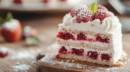 A multi-layered cake filled with strawberries and cream, topped with fresh strawberries and garnished with a sprinkle of powdered sugar, served on a rustic wooden table.