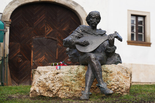 Hungary, Eger 10.12.2019. Statue monument of a medieval musician playing the lute